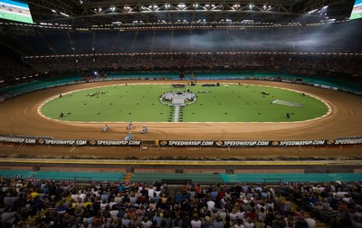 210718 - British FIM Speedway Grand Prix, Cardiff - A general view of the Principality Stadium as riders make their way around the track at the British FIM Speedway Grand Prix