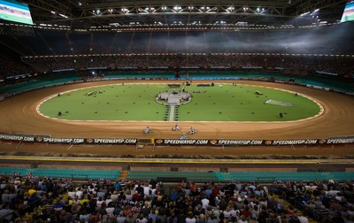 210718 - British FIM Speedway Grand Prix, Cardiff - A general view of the Principality Stadium as riders make their way around the track at the British FIM Speedway Grand Prix