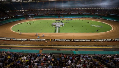 210718 - British FIM Speedway Grand Prix, Cardiff - A general view of the Principality Stadium as riders make their way around the track at the British FIM Speedway Grand Prix