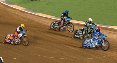 210718 - British FIM Speedway Grand Prix, Cardiff - Riders make their way around the track at the British FIM Speedway Grand Prix