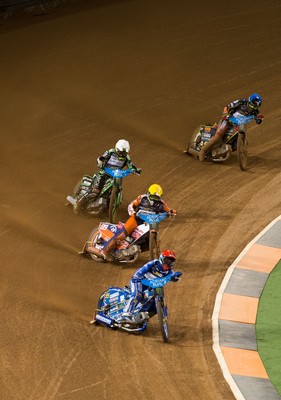 210718 - British FIM Speedway Grand Prix, Cardiff - Riders make their way around the track at the British FIM Speedway Grand Prix