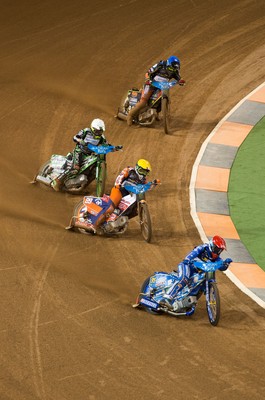 210718 - British FIM Speedway Grand Prix, Cardiff - Riders make their way around the track at the British FIM Speedway Grand Prix