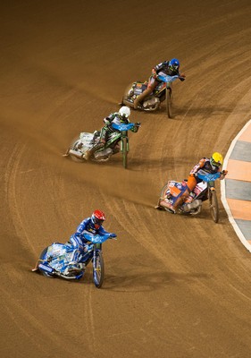 210718 - British FIM Speedway Grand Prix, Cardiff - Riders make their way around the track at the British FIM Speedway Grand Prix