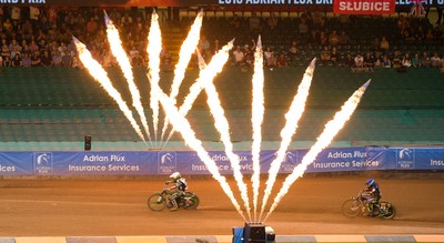 210718 - British FIM Speedway Grand Prix, Cardiff - Pyrotechnics as riders cross the finish line