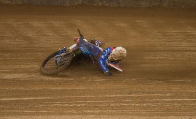 210718 - British FIM Speedway Grand Prix, Cardiff - Robert Lambert of Great Britain crashes during the heats at the British FIM Speedway Grand Prix