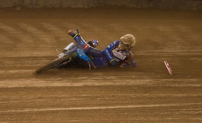 210718 - British FIM Speedway Grand Prix, Cardiff - Robert Lambert of Great Britain crashes during the heats at the British FIM Speedway Grand Prix