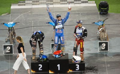 210718 - British FIM Speedway Grand Prix, Cardiff - Bartosz Zmarzlik from Poland celebrates after winning the British FIM Speedway Grand Prix