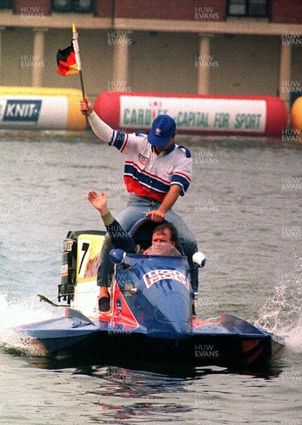 240794 - British Formula 1 Power Boat Grand Prix - Cardiff Bay -  Michael Werner of Germany celebrates his win