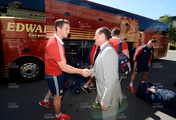 100713 - Welsh British & Irish Lions Arrive Back in Wales  -George North is greeted by WRU Group Chief Executive Roger Lewis after arriving at the Vale Hotel from the British & Irish Lions tour of Australia