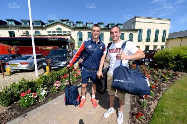 100713 - Welsh British & Irish Lions Arrive Back in Wales  -Sam Warburton is helped by his twin brother Ben after arriving at the Vale Hotel from the British & Irish Lions tour of Australia