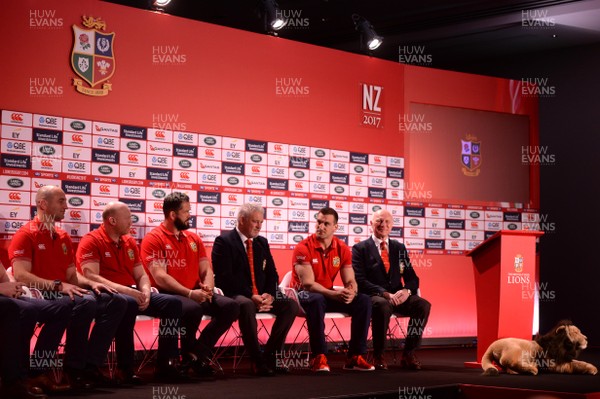 190417 - British & Irish Squad Announcement - Steve Borthwick, Neil Jenkins, Andy Farrell, Warren Gatland, Sam Warburton and John Spencer after the announcement of the 2017 British & Irish Lions squad announcement