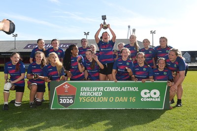 290426 - Bro Dur v Dyffryn Conwy - Girls Schools Final U16 - Road To Principality Finals - Bro Dur players celebrate lifting the trophy at full time