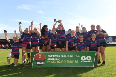 290426 - Bro Dur v Dyffryn Conwy - Girls Schools Final U16 - Road To Principality Finals - Bro Dur players celebrate lifting the trophy at full time
