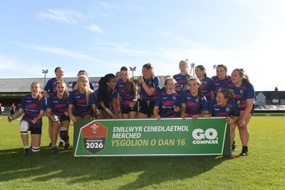 290426 - Bro Dur v Dyffryn Conwy - Girls Schools Final U16 - Road To Principality Finals - Bro Dur players celebrate lifting the trophy at full time