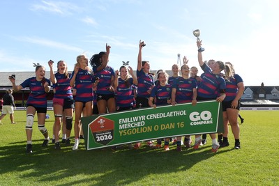 290426 - Bro Dur v Dyffryn Conwy - Girls Schools Final U16 - Road To Principality Finals - Bro Dur players celebrate lifting the trophy at full time