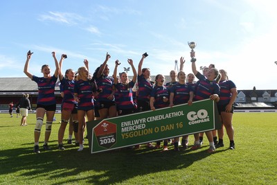 290426 - Bro Dur v Dyffryn Conwy - Girls Schools Final U16 - Road To Principality Finals - Bro Dur players celebrate lifting the trophy at full time