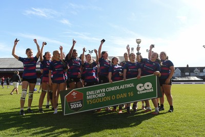 290426 - Bro Dur v Dyffryn Conwy - Girls Schools Final U16 - Road To Principality Finals - Bro Dur players celebrate lifting the trophy at full time