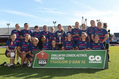 290426 - Bro Dur v Dyffryn Conwy - Girls Schools Final U16 - Road To Principality Finals - Bro Dur players celebrate lifting the trophy at full time
