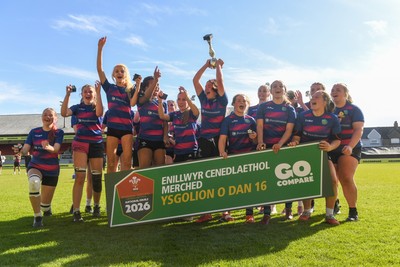 290426 - Bro Dur v Dyffryn Conwy - Girls Schools Final U16 - Road To Principality Finals - Bro Dur players celebrate lifting the trophy at full time