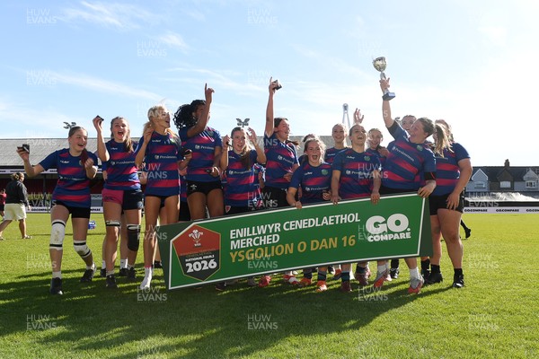 290426 - Bro Dur v Dyffryn Conwy - Girls Schools Final U16 - Road To Principality Finals - Bro Dur players celebrate lifting the trophy at full time
