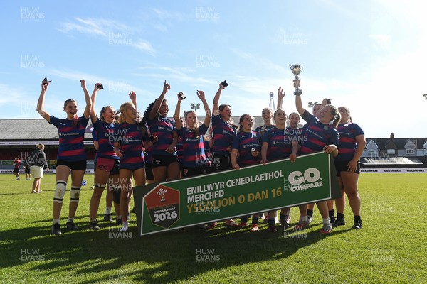 290426 - Bro Dur v Dyffryn Conwy - Girls Schools Final U16 - Road To Principality Finals - Bro Dur players celebrate lifting the trophy at full time