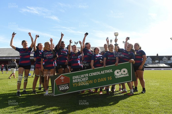 290426 - Bro Dur v Dyffryn Conwy - Girls Schools Final U16 - Road To Principality Finals - Bro Dur players celebrate lifting the trophy at full time