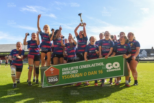 290426 - Bro Dur v Dyffryn Conwy - Girls Schools Final U16 - Road To Principality Finals - Bro Dur players celebrate lifting the trophy at full time