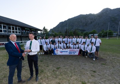 170525 - Bro Ffestiniog RFC, Admiral National League 3 North West Presentation - Alun Roberts, WRU North Wales representative presents Bro Ffestiniog RFC captain Huw Parry with the trophy after they win the Admiral National League 3 North West title