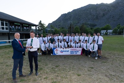 170525 - Bro Ffestiniog RFC, Admiral National League 3 North West Presentation - Alun Roberts, WRU North Wales representative presents Bro Ffestiniog RFC captain Huw Parry with the trophy after they win the Admiral National League 3 North West title