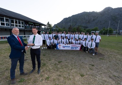 170525 - Bro Ffestiniog RFC, Admiral National League 3 North West Presentation - Alun Roberts, WRU North Wales representative presents Bro Ffestiniog RFC captain Huw Parry with the trophy after they win the Admiral National League 3 North West title