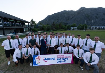 170525 - Bro Ffestiniog RFC, Admiral National League 3 North West Presentation - Alun Roberts, WRU North Wales representative presents Bro Ffestiniog RFC captain Huw Parry with the trophy after they win the Admiral National League 3 North West title