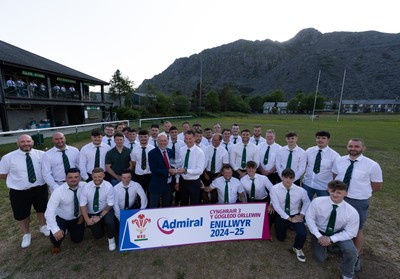 170525 - Bro Ffestiniog RFC, Admiral National League 3 North West Presentation - Alun Roberts, WRU North Wales representative presents Bro Ffestiniog RFC captain Huw Parry with the trophy after they win the Admiral National League 3 North West title