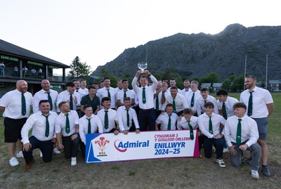 170525 - Bro Ffestiniog RFC, Admiral National League 3 North West Presentation - Bro Ffestiniog RFC captain Huw Parry lifts the trophy after they win the Admiral National League 3 North West title