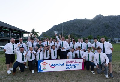 170525 - Bro Ffestiniog RFC, Admiral National League 3 North West Presentation - Bro Ffestiniog RFC captain Huw Parry lifts the trophy after they win the Admiral National League 3 North West title