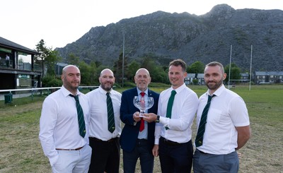 170525 - Bro Ffestiniog RFC, Admiral National League 3 North West Presentation - Alun Roberts, WRU North Wales representative presents Bro Ffestiniog RFC captain Huw Parry with the trophy, along with coaches Elfyn Jones, Sion Jones, and Huw James, right, after they win the Admiral National League 3 North West title