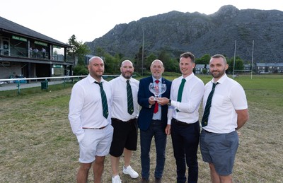 170525 - Bro Ffestiniog RFC, Admiral National League 3 North West Presentation - Alun Roberts, WRU North Wales representative presents Bro Ffestiniog RFC captain Huw Parry with the trophy, along with coaches Elfyn Jones, Sion Jones, and Huw James, right, after they win the Admiral National League 3 North West title