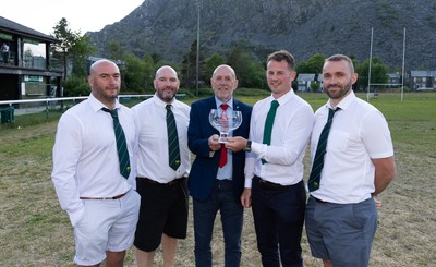 170525 - Bro Ffestiniog RFC, Admiral National League 3 North West Presentation - Alun Roberts, WRU North Wales representative presents Bro Ffestiniog RFC captain Huw Parry with the trophy, along with coaches Elfyn Jones, Sion Jones, and Huw James, right, after they win the Admiral National League 3 North West title