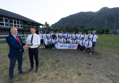170525 - Bro Ffestiniog RFC, Admiral National League 3 North West Presentation - Alun Roberts, WRU North Wales representative presents Bro Ffestiniog RFC captain Huw Parry with the trophy after they win the Admiral National League 3 North West title