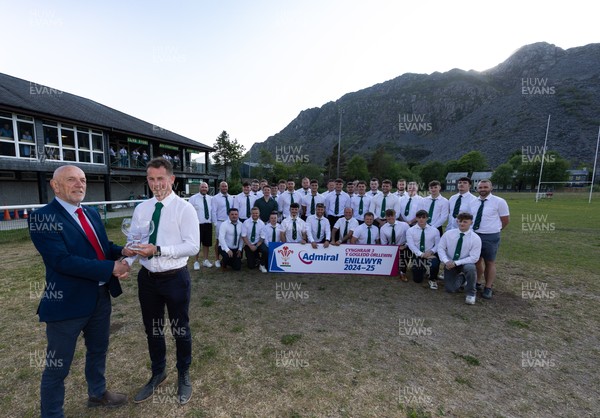 170525 - Bro Ffestiniog RFC, Admiral National League 3 North West Presentation - Alun Roberts, WRU North Wales representative presents Bro Ffestiniog RFC captain Huw Parry with the trophy after they win the Admiral National League 3 North West title