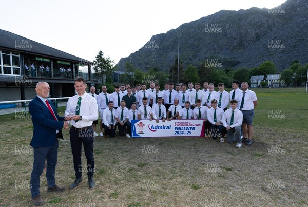 170525 - Bro Ffestiniog RFC, Admiral National League 3 North West Presentation - Alun Roberts, WRU North Wales representative presents Bro Ffestiniog RFC captain Huw Parry with the trophy after they win the Admiral National League 3 North West title