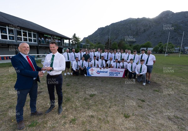 170525 - Bro Ffestiniog RFC, Admiral National League 3 North West Presentation - Alun Roberts, WRU North Wales representative presents Bro Ffestiniog RFC captain Huw Parry with the trophy after they win the Admiral National League 3 North West title