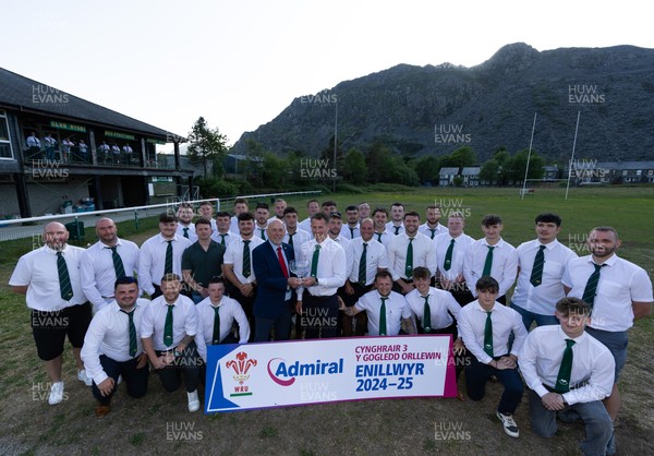 170525 - Bro Ffestiniog RFC, Admiral National League 3 North West Presentation - Alun Roberts, WRU North Wales representative presents Bro Ffestiniog RFC captain Huw Parry with the trophy after they win the Admiral National League 3 North West title