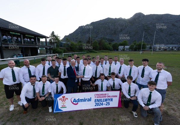 170525 - Bro Ffestiniog RFC, Admiral National League 3 North West Presentation - Alun Roberts, WRU North Wales representative presents Bro Ffestiniog RFC captain Huw Parry with the trophy after they win the Admiral National League 3 North West title