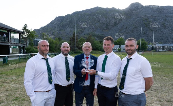 170525 - Bro Ffestiniog RFC, Admiral National League 3 North West Presentation - Alun Roberts, WRU North Wales representative presents Bro Ffestiniog RFC captain Huw Parry with the trophy, along with coaches Elfyn Jones, Sion Jones, and Huw James, right, after they win the Admiral National League 3 North West title