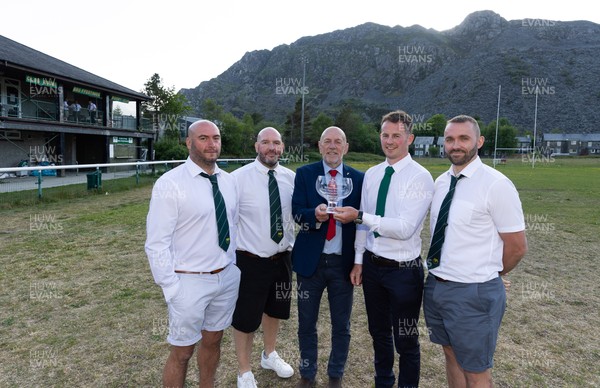 170525 - Bro Ffestiniog RFC, Admiral National League 3 North West Presentation - Alun Roberts, WRU North Wales representative presents Bro Ffestiniog RFC captain Huw Parry with the trophy, along with coaches Elfyn Jones, Sion Jones, and Huw James, right, after they win the Admiral National League 3 North West title