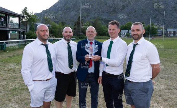 170525 - Bro Ffestiniog RFC, Admiral National League 3 North West Presentation - Alun Roberts, WRU North Wales representative presents Bro Ffestiniog RFC captain Huw Parry with the trophy, along with coaches Elfyn Jones, Sion Jones, and Huw James, right, after they win the Admiral National League 3 North West title