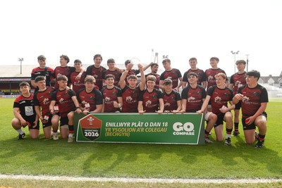 270426 - Bro Teifi v Maes Y Gwendraeth - Road to Principality Finals - Boys U18s Plate - Bro Teifi players celebrate lifting the plate at full time