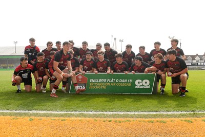 270426 - Bro Teifi v Maes Y Gwendraeth - Road to Principality Finals - Boys U18s Plate - Bro Teifi players celebrate lifting the plate at full time