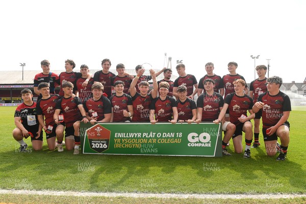 270426 - Bro Teifi v Maes Y Gwendraeth - Road to Principality Finals - Boys U18s Plate - Bro Teifi players celebrate lifting the plate at full time