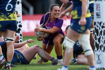 220426 - Brunel v Loughborough - Women's BUCS Final - Amelia Williams of Loughborough celebrates scoring a try
